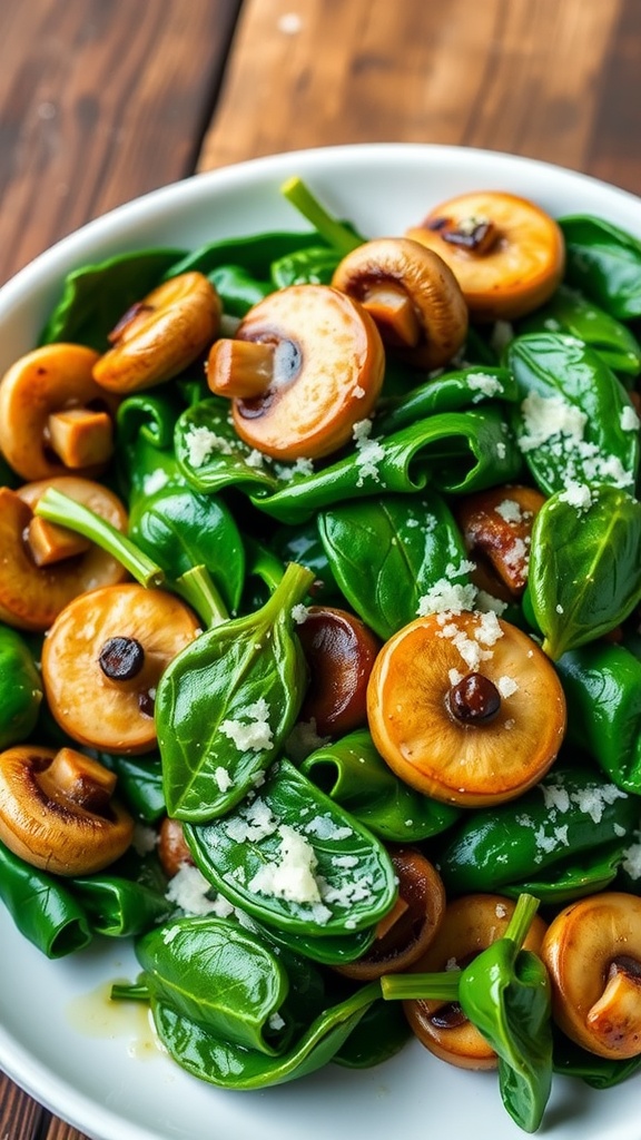 A colorful sautéed spinach and mushroom dish with grated Parmesan cheese on top.